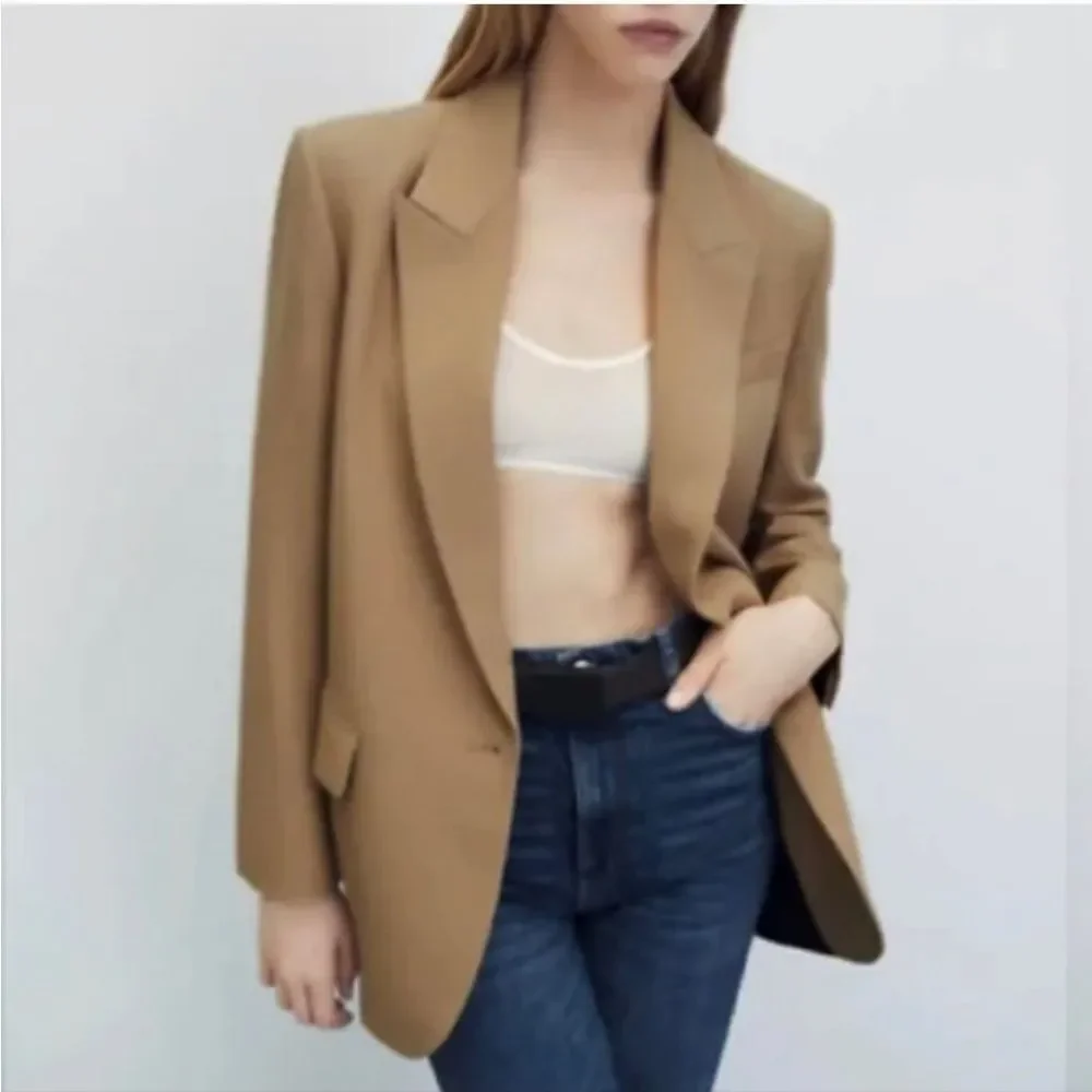 Zara Oversized Single-button Blazer In Tan Size Small - Picture 11 of 14